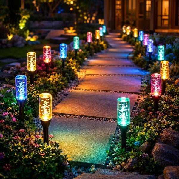 Original multicolor solar bubble pathway lights lining a garden walkway at night