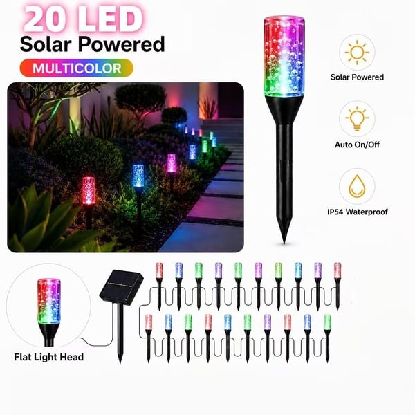 Original 20-light multicolor set illustration showing connected stakes and a shared solar panel