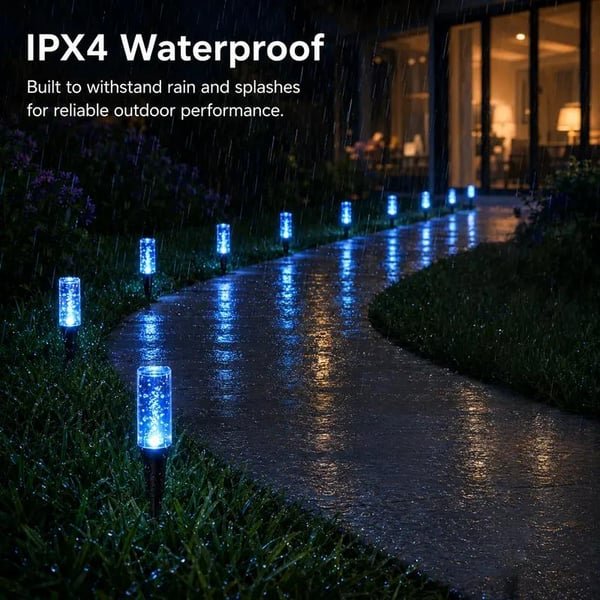Original IPX4 graphic showing bubble pathway lights beside a wet outdoor path