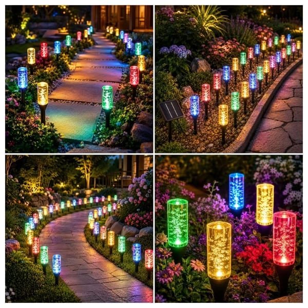 Original collage showing solar bubble lights along walkways, garden borders and flower beds