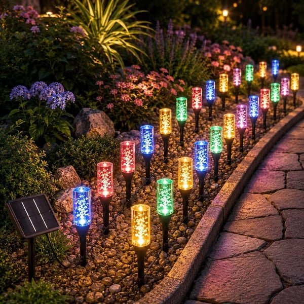 Multicolor LED solar pathway light option arranged along a garden border